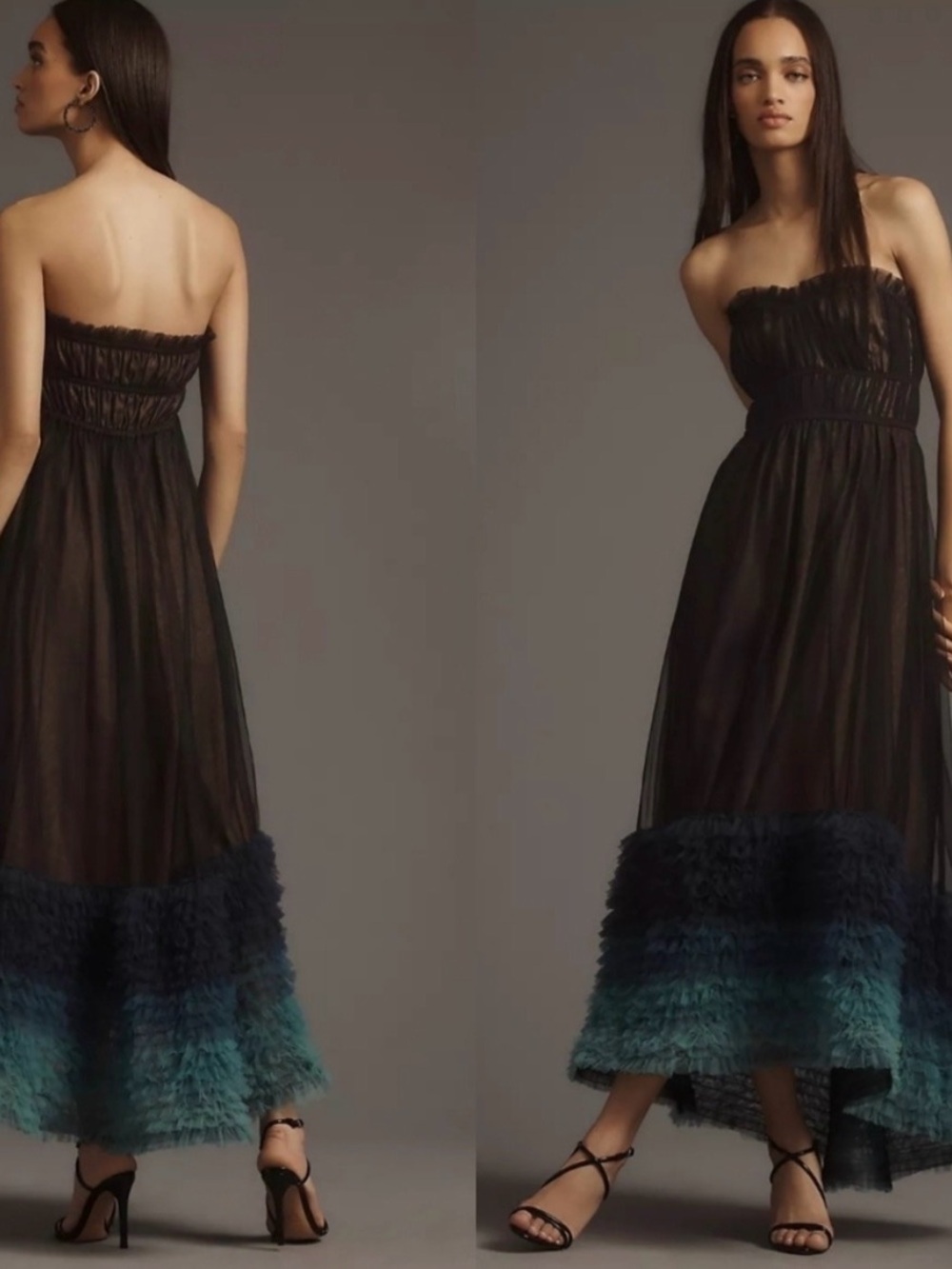 Anthropologie Strapless Black Dress with Teal Ombre Ruffle Hem